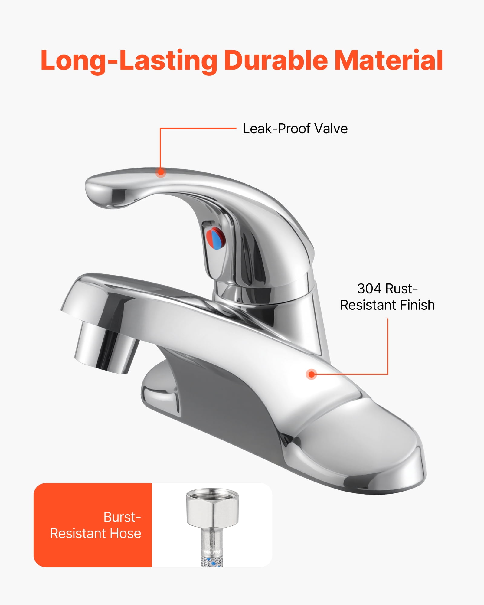 VEVOR Single Handle Sink Faucet, Chrome-Plated Silver Single Handle Bathroom Faucet, Kitchen Water Faucets with Overflow 1 or 3 Hole, Suitable for Bathroom, RV, Bar Sink, Public Restroom, Press-Type