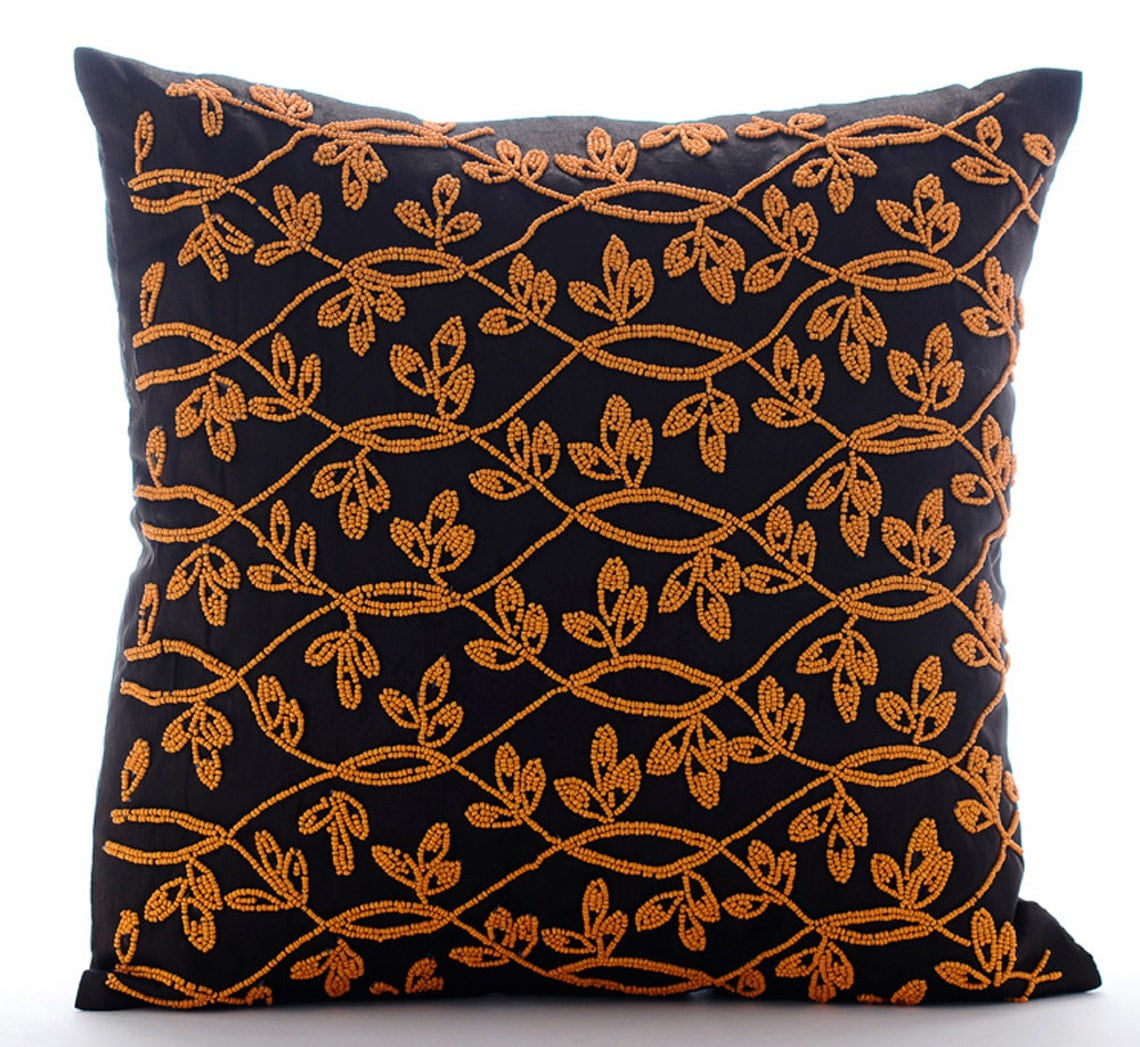 Pillow Case With Zipper, Brown Shams, Orange Leaves Garden Pillow Shams