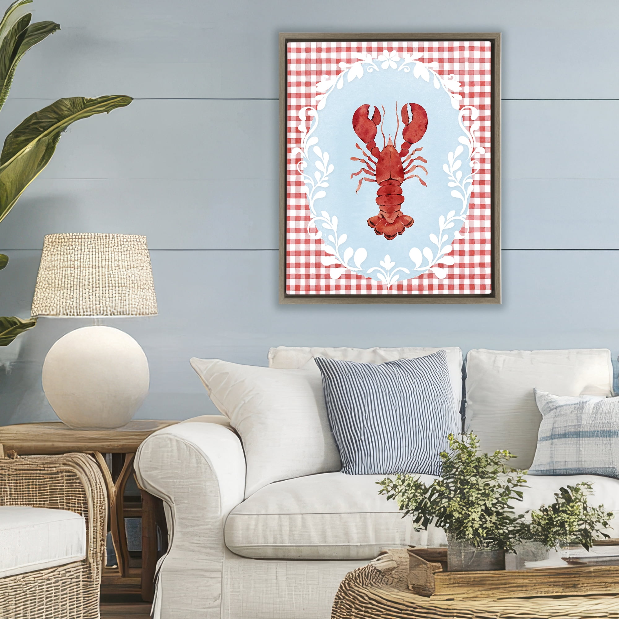 Stupell Industries Lobster with Red Plaid Brown Framed Floater Canvas Wall Art, design by Heather Lee Chan