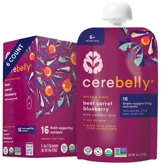Cerebelly Organic Baby Food, Stage 2, Beet Carrot Blueberry with Coconut Milk, 4 oz Puree Pouches, 6 Pack