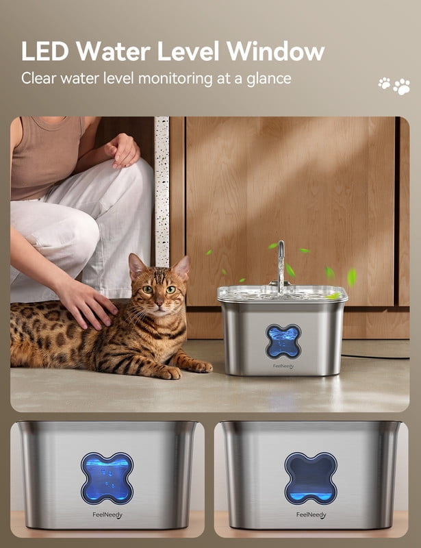 FeelNeedy Cat Water Fountain, 2.8L/95oz Stainless Steel Cat Fountain with Filter, Ultra-quiet Automatic Pet Water Dispenser for Cats Indoor
