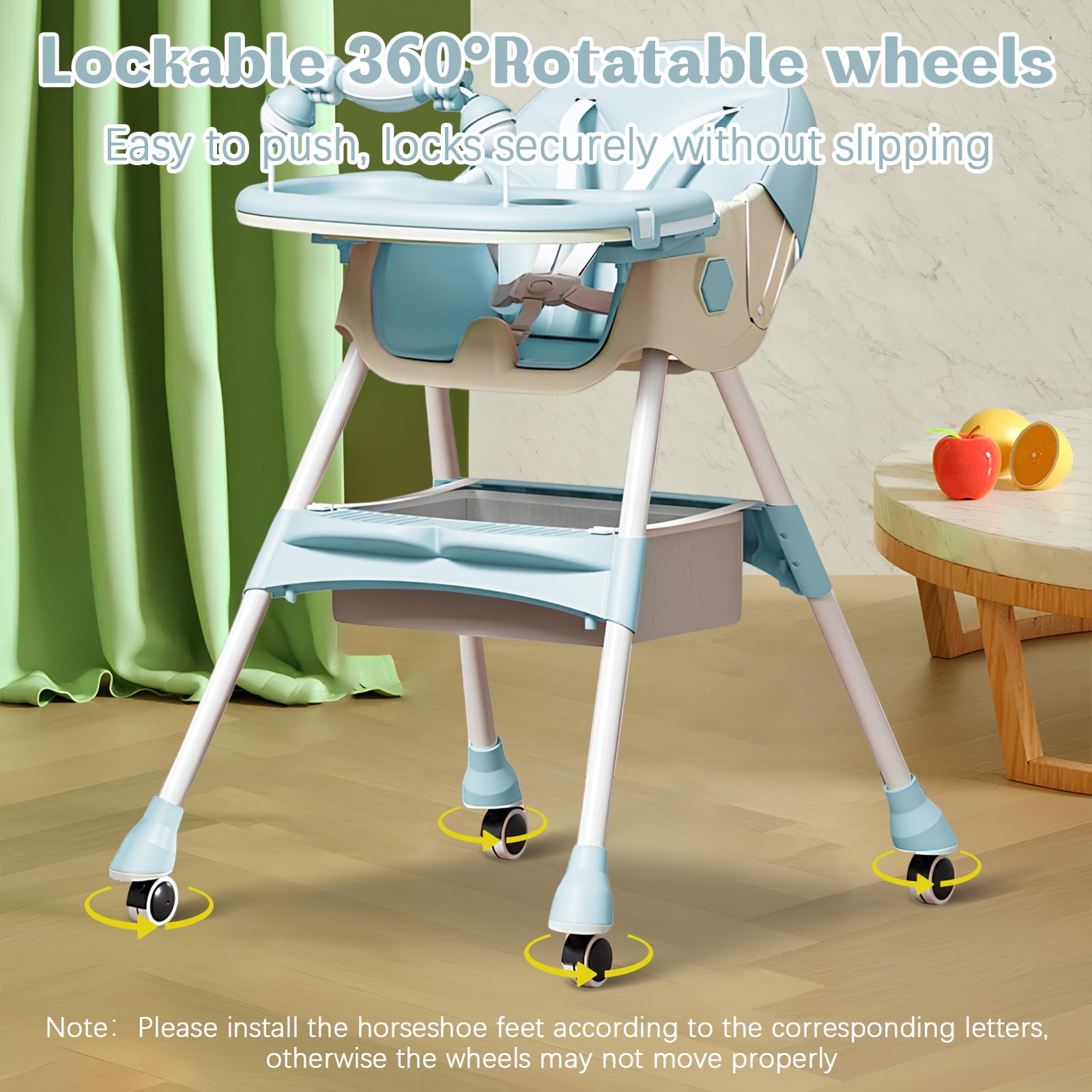 HAOUUCYIN 4-in-1 Baby High Chair, Portable Dining Chairs Eat & Play with Double-Layer Dinner Plate and Toy Rack, for 0-36 Months, Light Blue