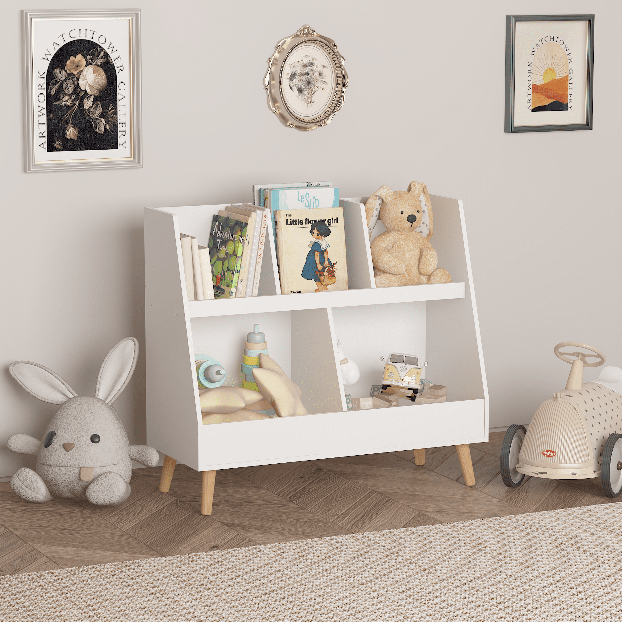 White Kids Bookshelf with 5 Cubbies, 28.54" Toy Organizer for Bedroom & Nursery, 2-Tier Storage Bookcase
