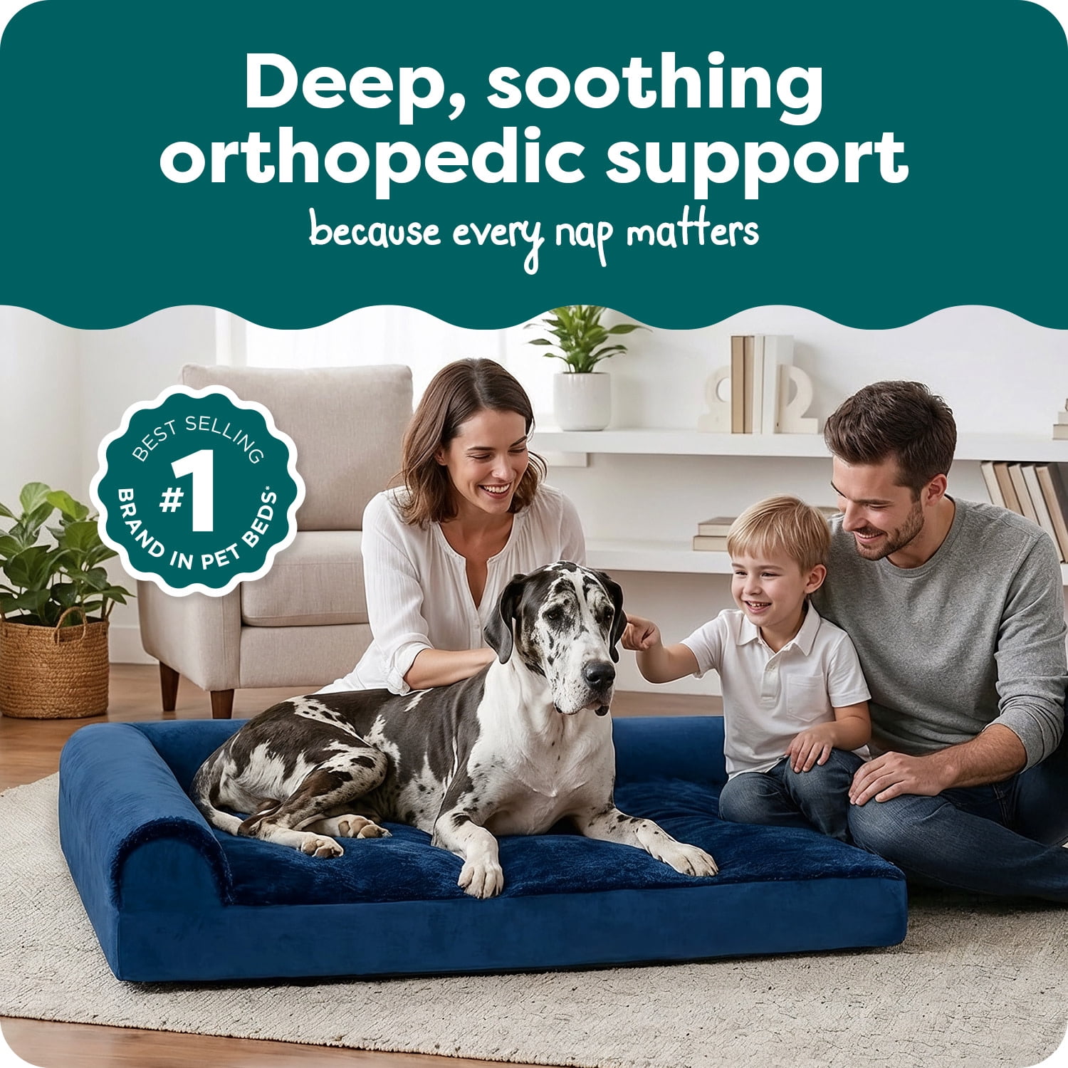 FurHaven Orthopedic Dog Bed for Large Dogs, L-Shaped Chaise Mattress, Solid Orthopedic Foam Slab for Joint Support, Removable Washable Cover, Jumbo Plus XXL, Plush & Velvet, Deep Sapphire