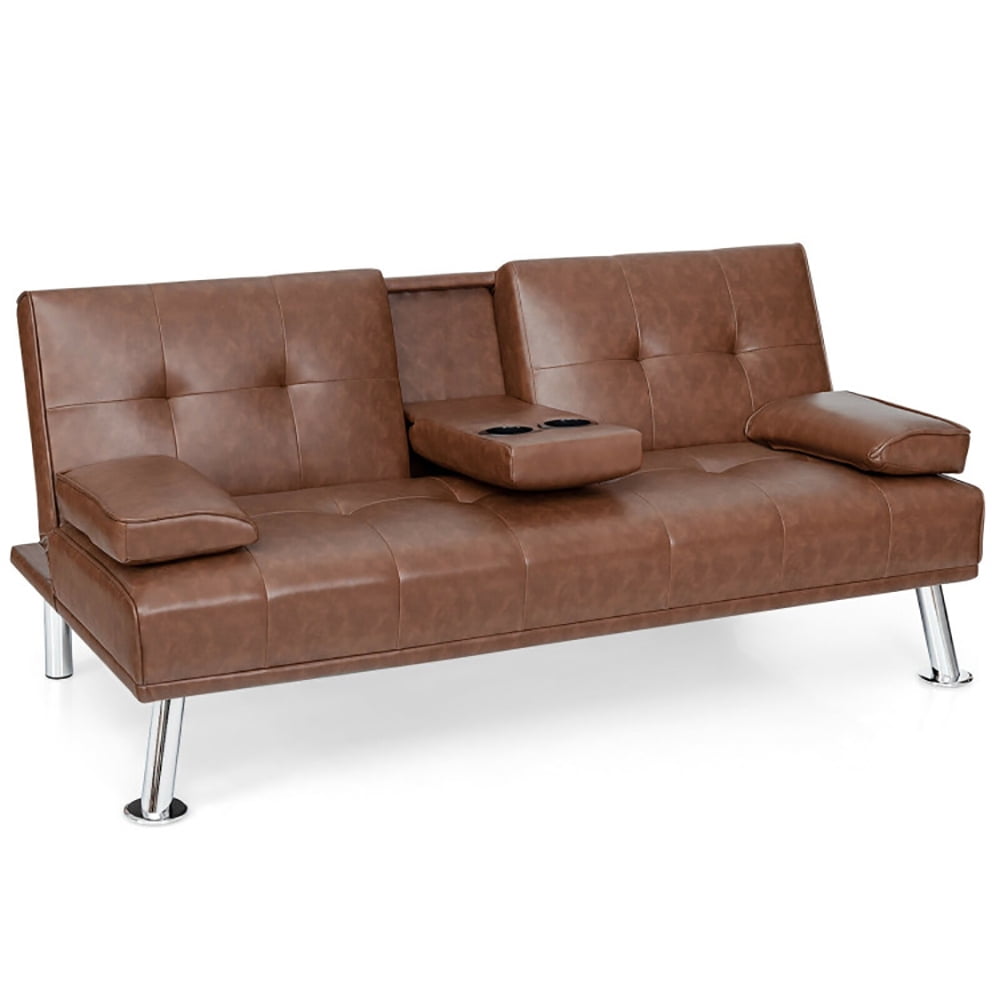 Finihen Futon Sofa Bed, Leather Couch, Convertible Folding Recliner, Convertible Folding Leather Futon Sofa with Cup Holders and Armrests, for Living Room, Bedroom, Brown Finihen Futon Sofa Bed, Leather Couch, Convertible Folding Recliner, Convertible Folding Leather Futon Sofa with Cup Holders and Armrests, for Living Room, Bedroom, Brown