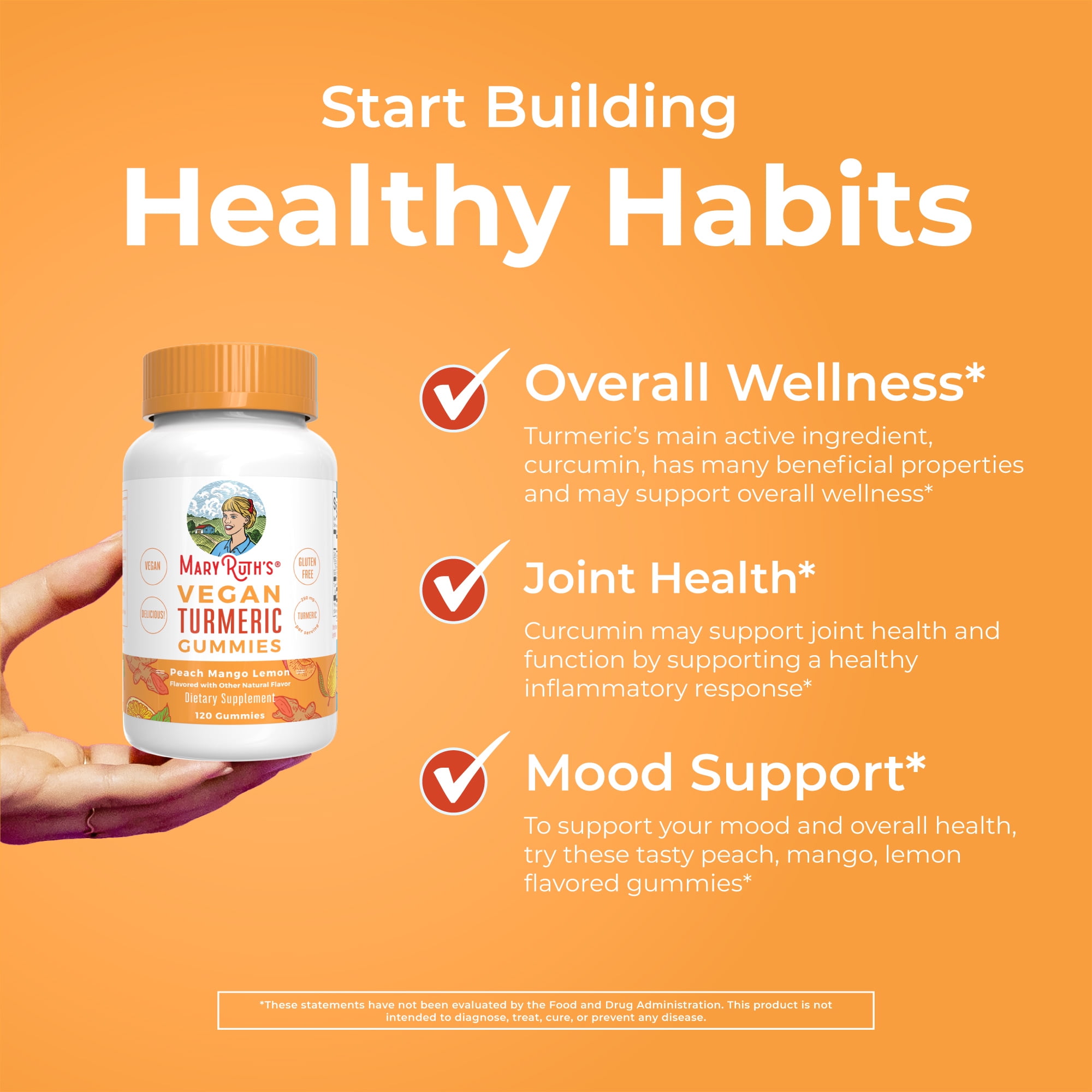 MaryRuth's Turmeric Gummies with Curcumin, Vegan, Non-GMO, Gluten Free, Peach, Mango & Lemon, Unisex, Adults 18+, 120 Count