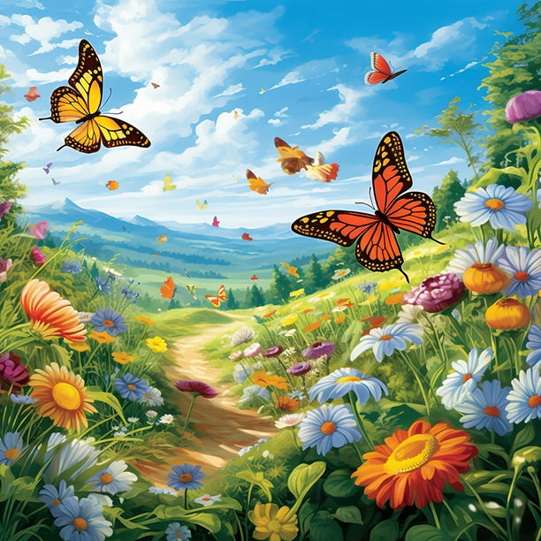 (sz4868) Serie Paisaje Mariposas Y Flores Jardín Con Diamantes Redondos Resina 30*30CM