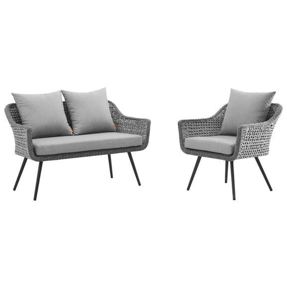 Modway Endeavor 2 Piece Outdoor Patio Wicker Rattan Loveseat and Armchair Set in Gray Gray