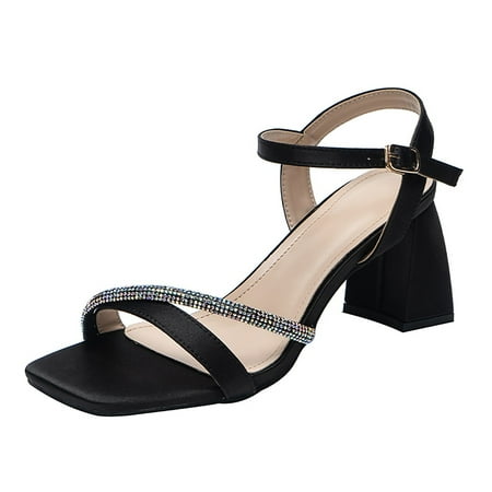 

Sandals Women Buckle Heel Sandals Casual Bling Rhinestone Square Toe Sandals Open Toe Slide Sandals