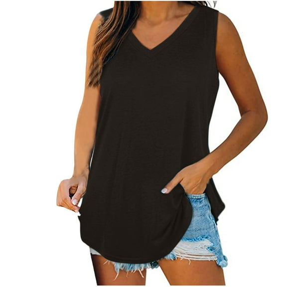 Besolor Summer Tank Tops for Women Casual V Neck Sleeveless Basic Tee Shirts Loose Flowy Solid Color T-Shirts