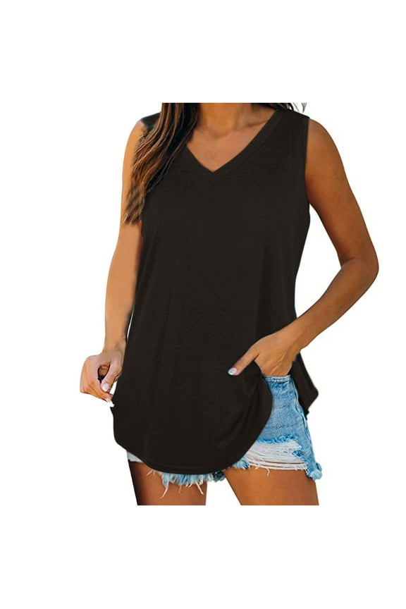 Womens Long Tank Top V-Neck Wide Strap Sleeveless Summer Casual Tunic to Wear with Leggings