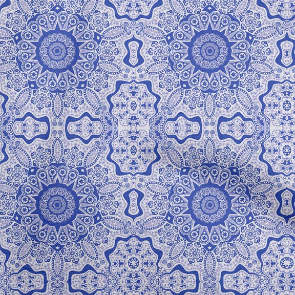 oneOone Cotton Poplin Medium Blue Fabric Moroccan Mosaic Craft Projects Decor Fabric Printed By The Yard 42 Inch Wide