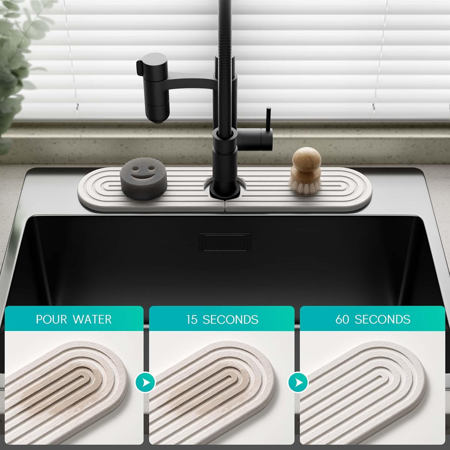 Stone Faucet Mat for Kitchen Sink – Diatomite Fast-Drying Stone Tray, Faucet Mat Sink Splash Guard, Decorative Sink Protector for Kitchen Bathroom Counter [White, 17.7''x3.9'']