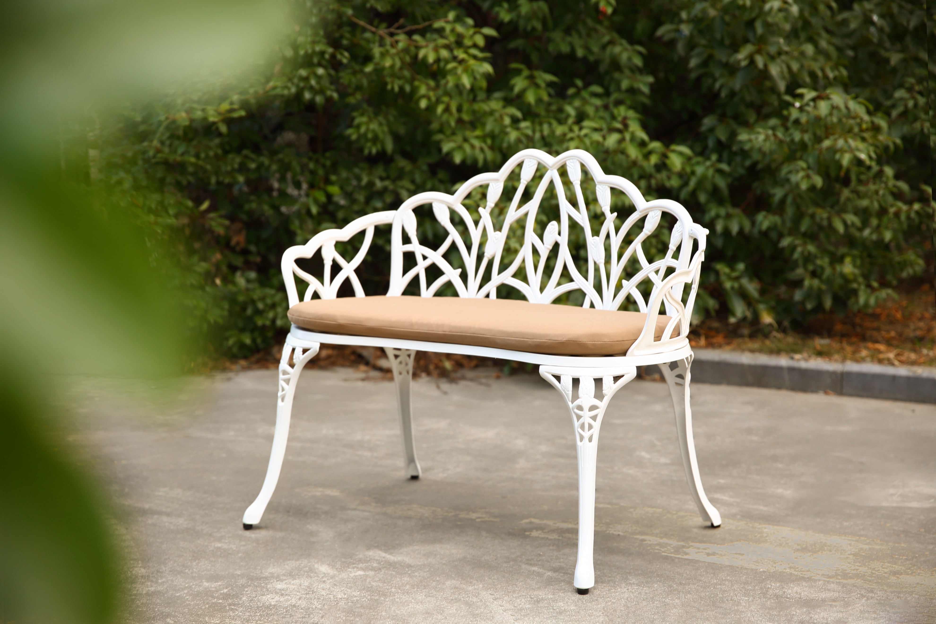 Patio Garden Bench Metal Park Bench Cast Aluminum Outdoor Furniture with Floral Rose for Patio, Park, Lawn, Yard with Cushion