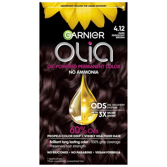 Garnier Olia Oil Powered Permanent Hair Color, 4.12 Dark Iridescent Brown