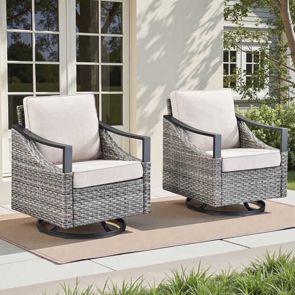 PARKWELL Outdoor Wicker Patio Swivel Glider Chairs Set of 2, Oversized Swivel Rocking Chair with Removable Cushions, All-Weather Rattan Deep Seat Rocker Lounge Chairs for Porch Balcony, Beige