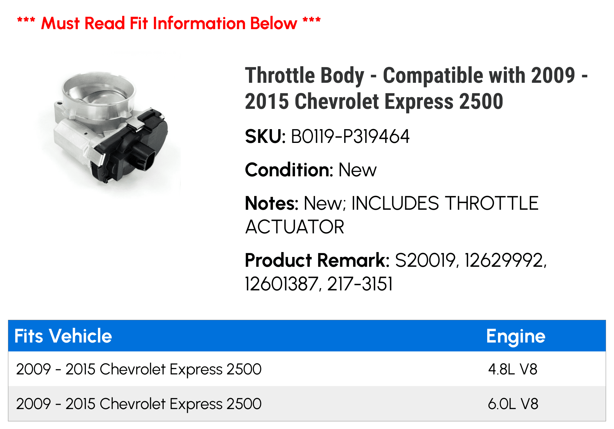 Throttle Body - Compatible with 2009 - 2015 Chevy Express 2500 2010 2011 2012 2013 2014