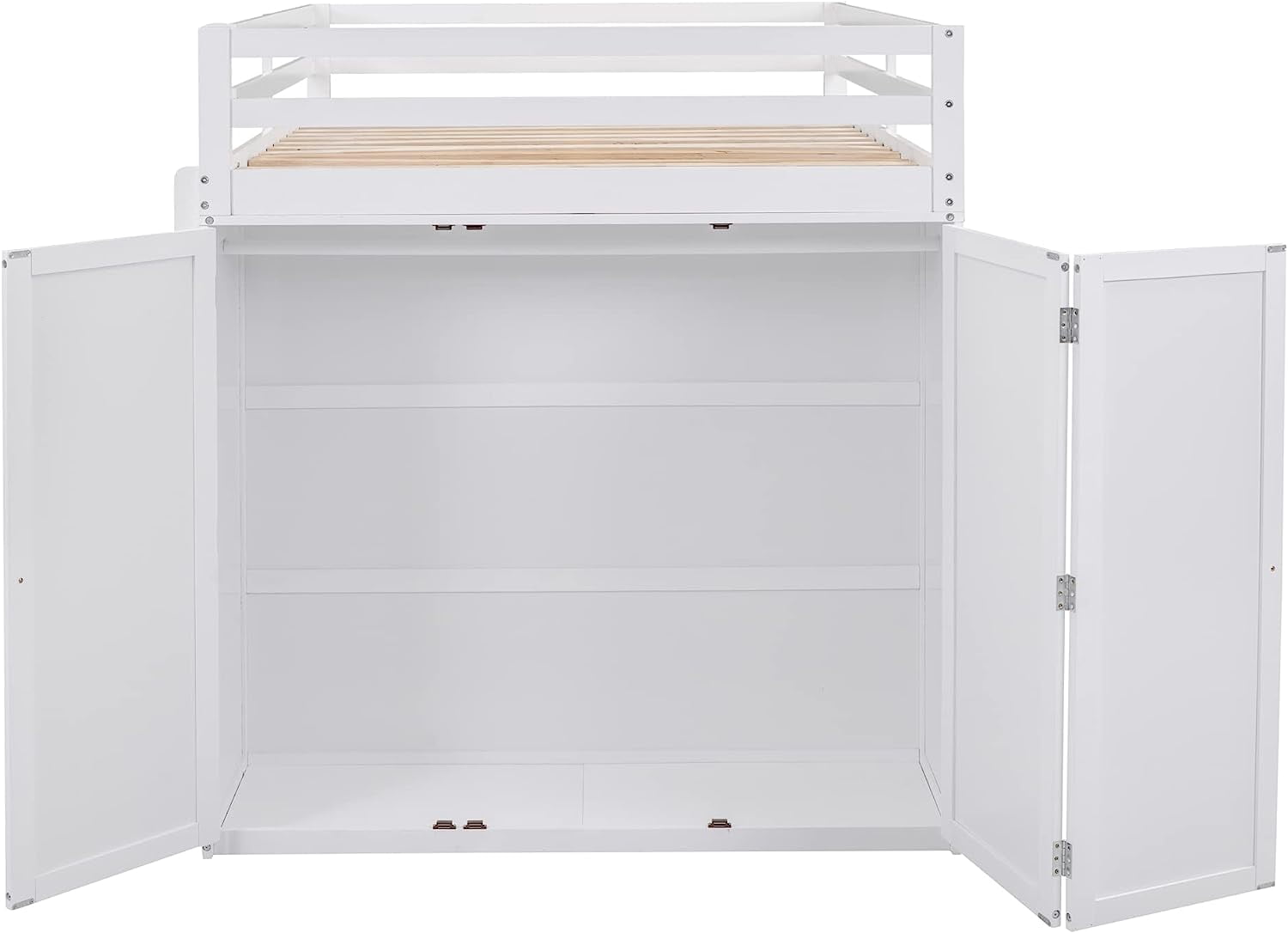 DEALTOPS Full Size Loft Bed with Wardrobe, Wood Loft Bed Frame with Desk 3 Storage Drawers Shelf Space Saving Platform Bed - White