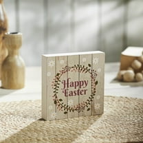 VHC Brands Spring in Bloom Happy Easter w/Wreath Shiplap MDF Block Sign 5x5, Easter Decor, Home Decorations for Wall or Door, Spring and Easter Hanging Decoration