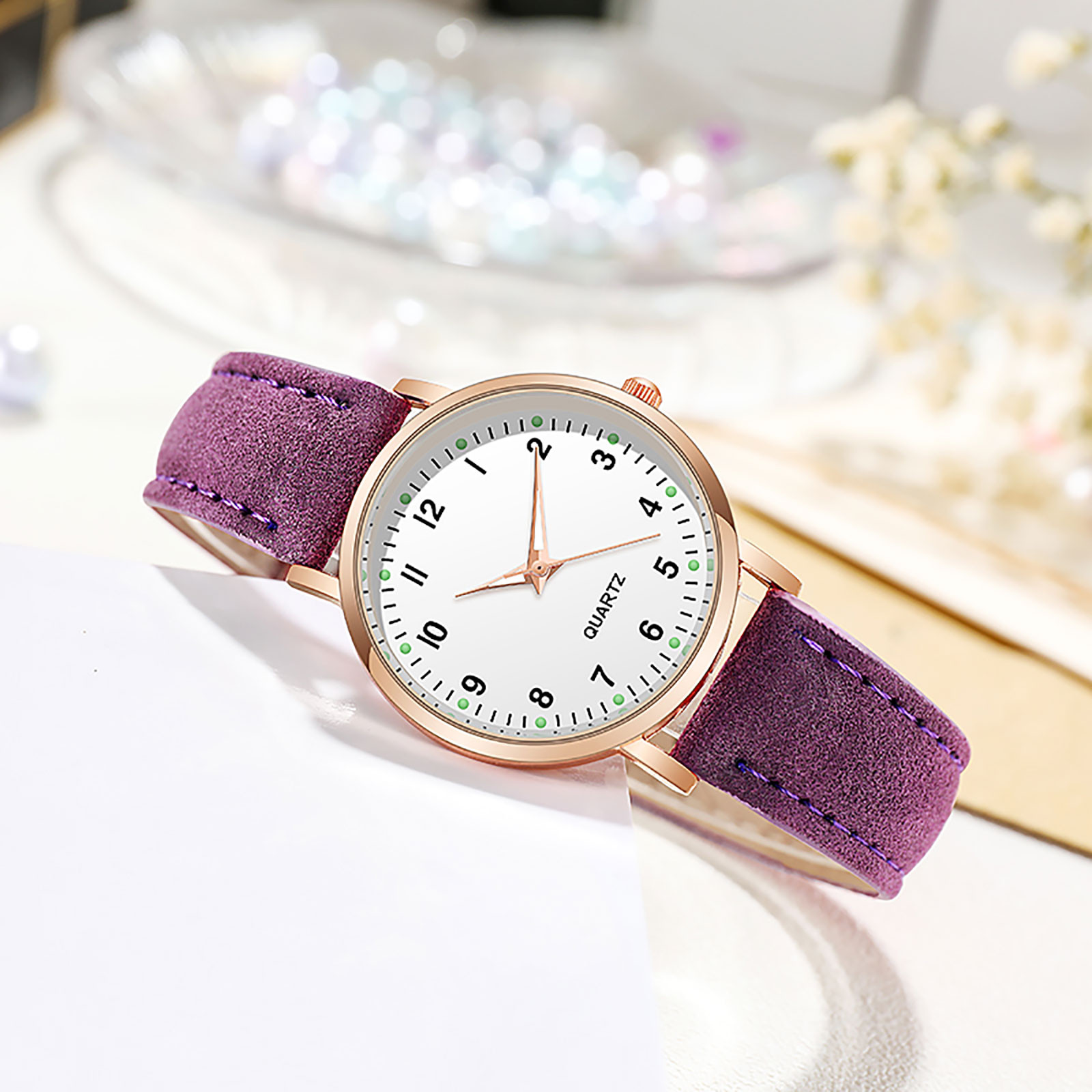Leather Band Watches for Women, Classic Quartz Watch with Luminouse Easy Read Dial, Vintage Small Face Round Watches, Birthday Gift for Ladies (Purple)