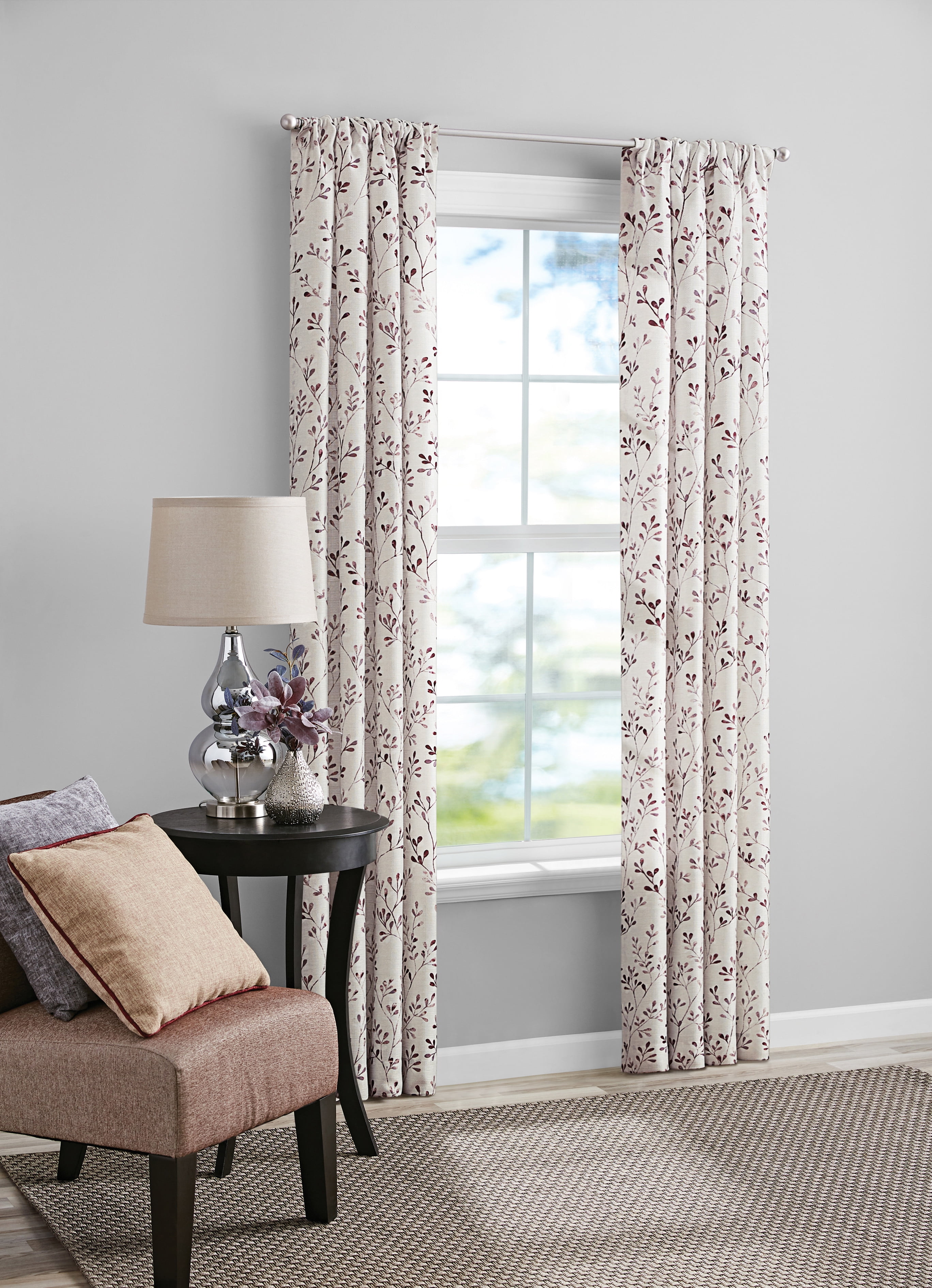 Mainstays Southport Light Filtering Rod Pocket Textured Curtain Panel, Set of 2, Burgundy Floral, 40” W x 84” L