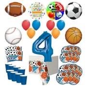 Mayflower Products Sports Theme 4th Birthday Party Supplies 8 Guest Entertainment kit and Balloon Bouquet Decorations - Blue Number 4