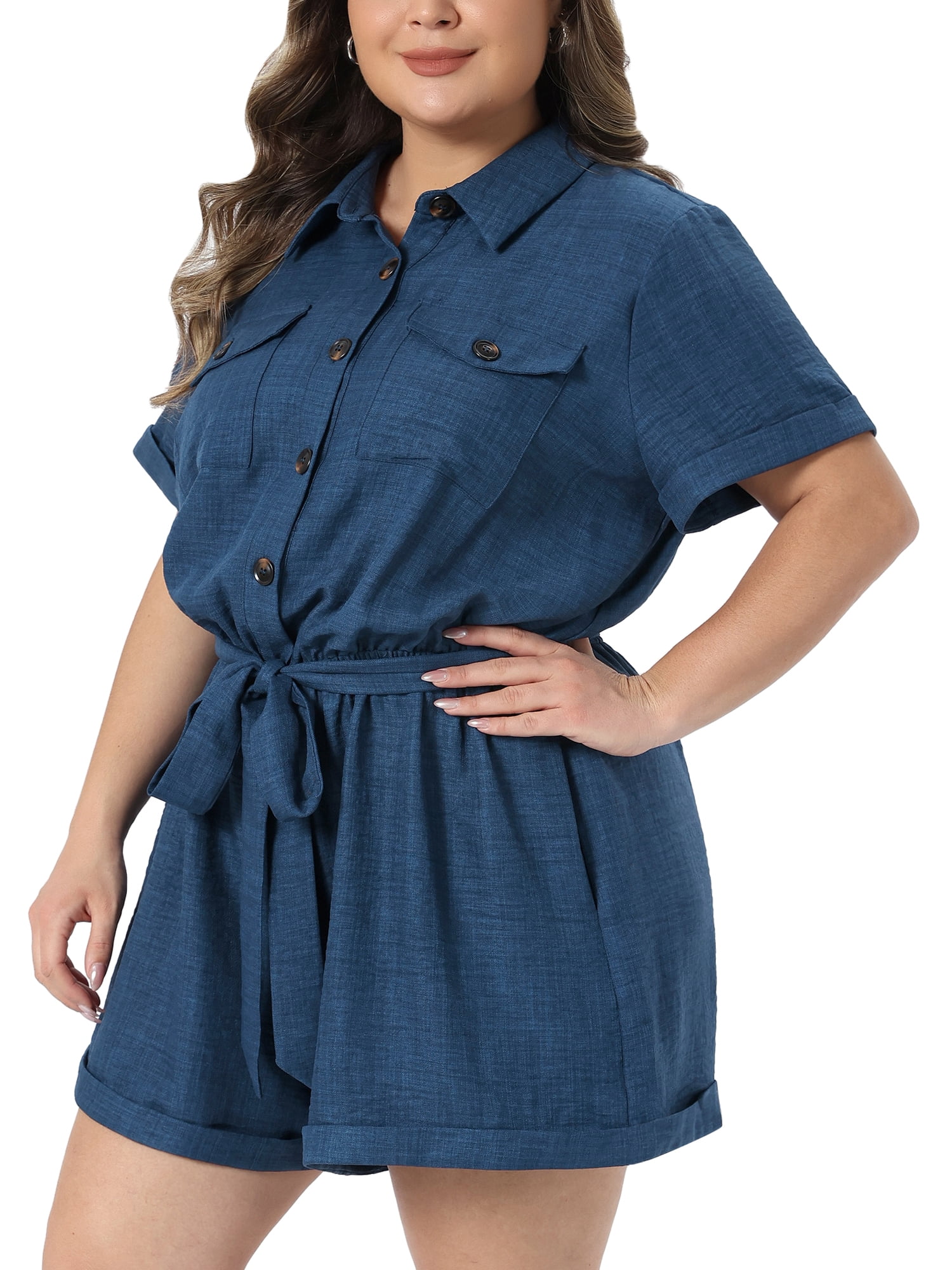 DARING DIVA Women's Plus Button Down Roll Short Sleeve Belted Jumpsuits 2X Dark Blue