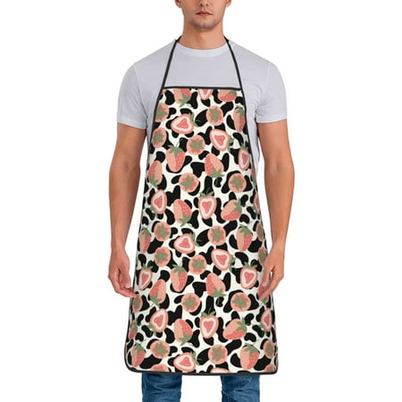 

Xecao Strawberries And Cow Skin Print Funny BBQ Chef Aprons for Men Women Adjustable Kitchen Cooking Aprons with Pocket Waterproof Oil Proof No Pilling Fading