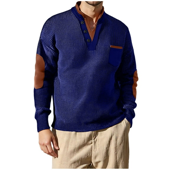 ZCFZJW Mens Henley Sweaters Lightweight Casual Elbow Patch Long Sleeve 1/4 Button up Waffle Knitted Pullover Tops Loose Fit Basic Sweatshirts with Pockets Blue XXXL