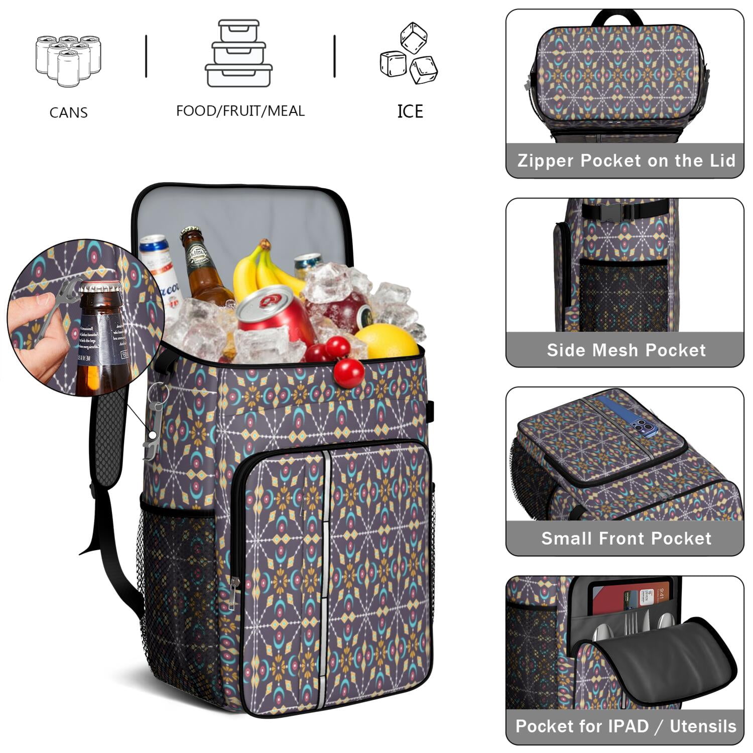 Travel Cooler Bag - Boho Bohemia Pioneer Flower Geometric Line Art Camping Beer Cooler Backpack with Bottle Opener- Waterproof Insulated Picnic Backpacks - Cooler Bag for Beach