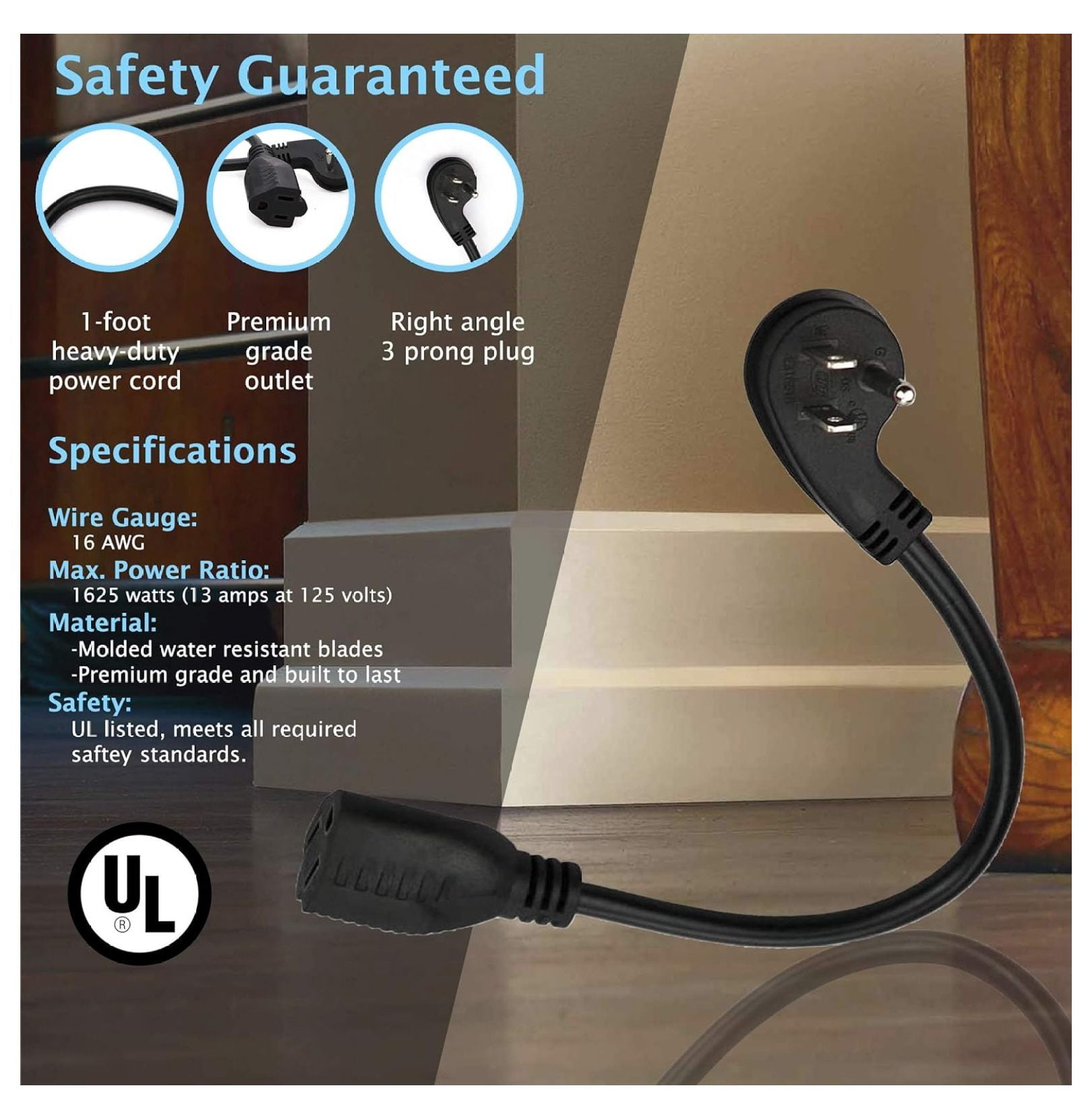 Flat Plug Short Extension Cord, Right Angle 3 Prong, 1625 watts, 16 AWG, 13 amps 125 Volts, UL Listed, 5 Pack, Black 1 Foot by YfulYde