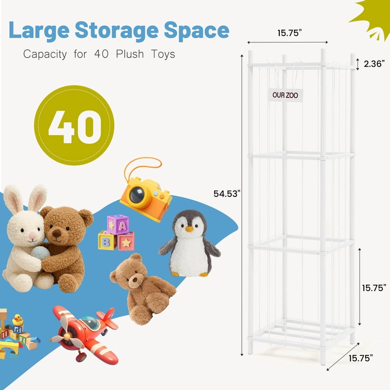 Gianna Stuffed Animal Storage, 54-Inch Plushies Storage, Features Solid Wood Frame & Secure Elastic Nets, Ideal for Toy Organizers in Playroom, Bedroom, or Nursery，White