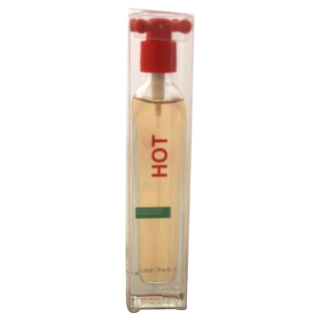 aerosol edt united colors of benetton united colors of benetton hot aerosol edt dama 3.3oz Vaporizador cilíndrico transparente con líquido ámbar, texto vertical rojo "HOT" en el frente y boquilla roja; diseño Benetton, importado, 3.3 oz. A menudo usado como opción compacta para llevar en viajes cortos.