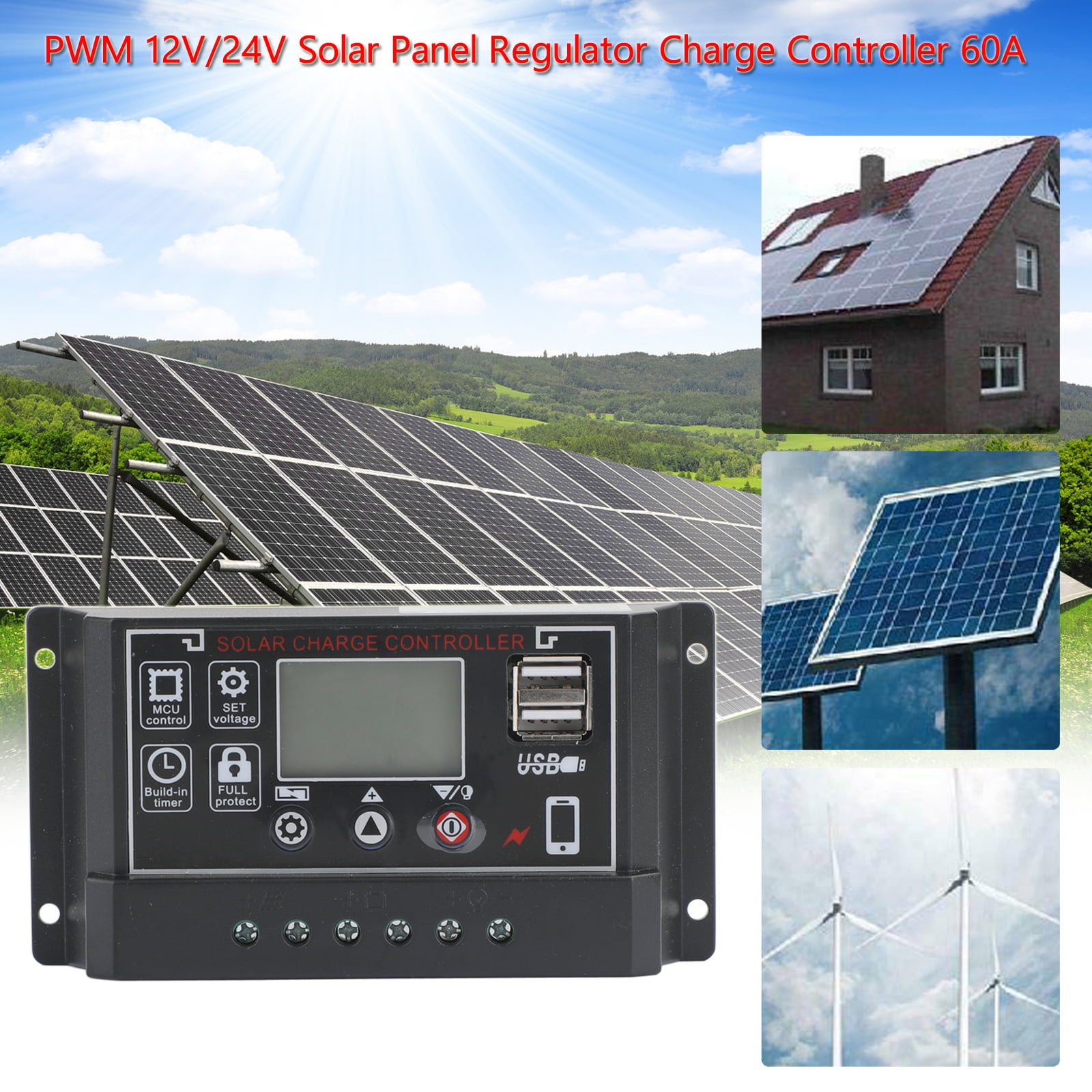 60A 12V/24V Solar Panel Battery Regulator Charge Controller PWM 4-Stage Dual USB