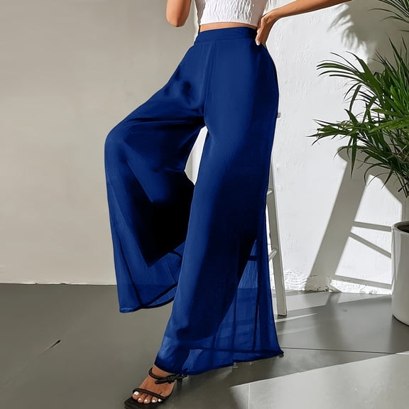 Women's Chiffon Flowy Wide Leg Pants, Palazzo Beach Gaucho Trousers for Vacation Casual Yoga Blue 2XL