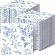 100 Pack Floral Napkins Blue White Floral Cocktail Napkins Blue White Floral Paper Napkins Blue Flower Napkins for Bridal Baby Shower Tea Party Blue White Floral Birthday Party Supplies Decor