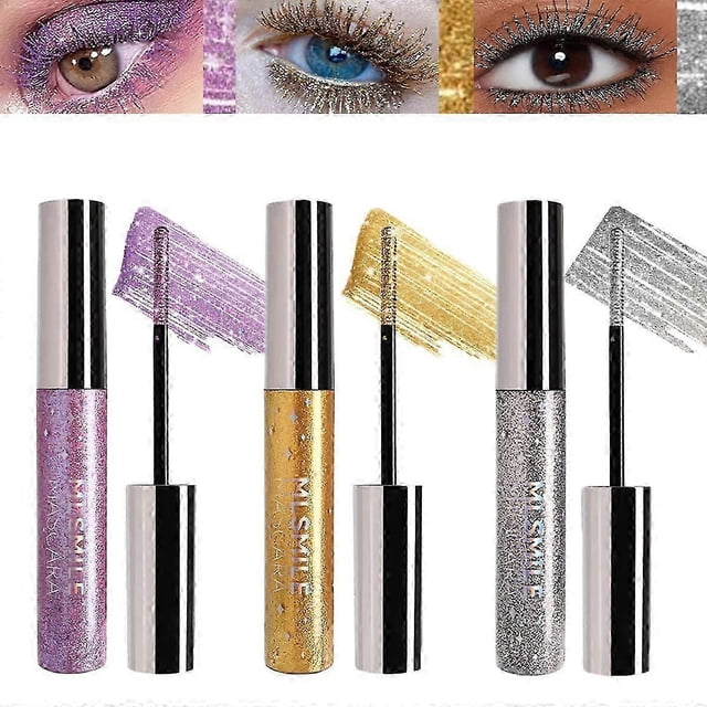 Exquisite3 Colours Glitter Mascara Eye Shadow Extension Curling Volume Mascara, Sparkling Silver/Gold/Purple Diamond Mascara, Waterproof Eyelashes