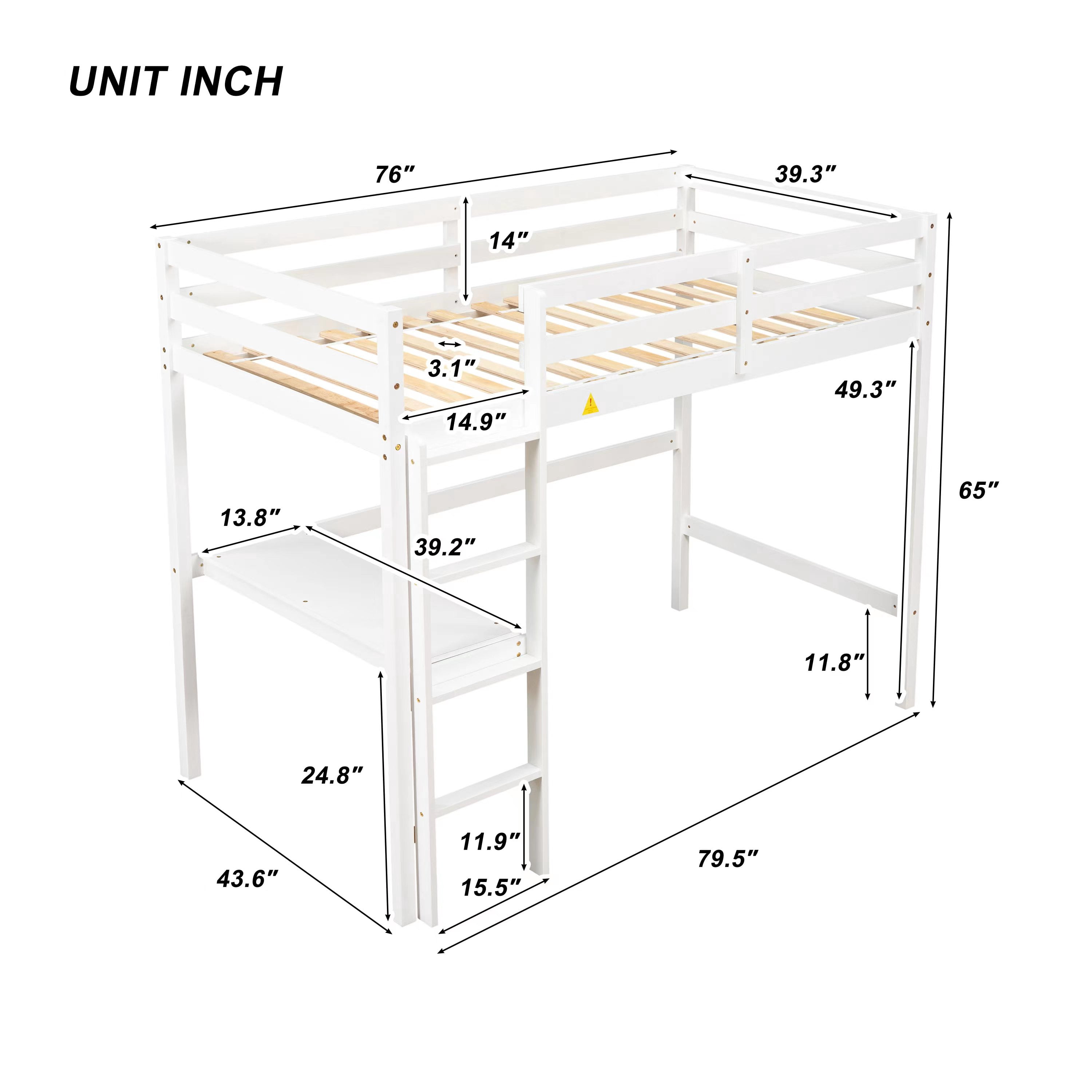 Aukfa Kids Twin Loft Bed Wood Frame with Desk Pine and Heavy Duty White