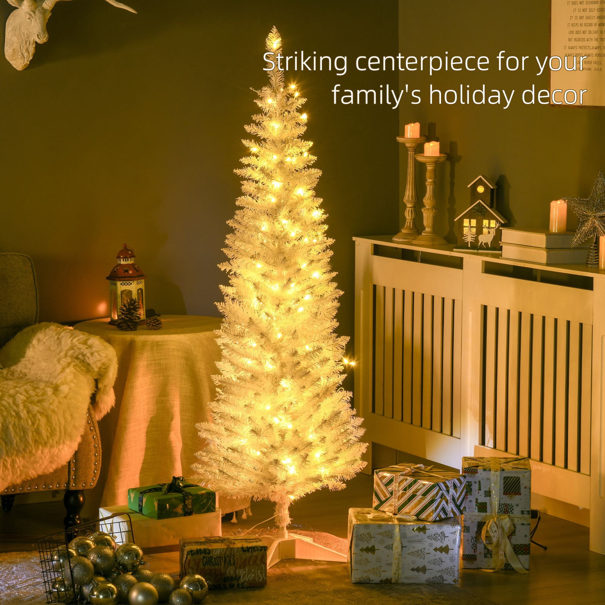 Pencil Christmas Tree, 5 ft Slim Artificial Tree with 110 Warm White LED Lights, 294 Tips, Indoor Holiday Decor for Small Spaces