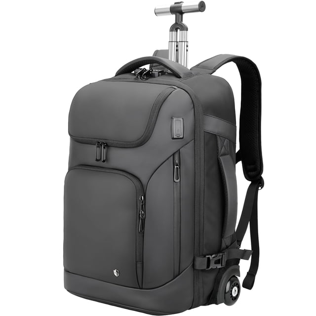 SWICKY RICOOI Sac à Dos à Roulettes, Sac à Dos pour Ordinateur Portable de 17 Pouces avec Roues, Bagage Cabine Résistant à l'Eau avec Ports USB‐C, Valise à Roulettes pour Moi