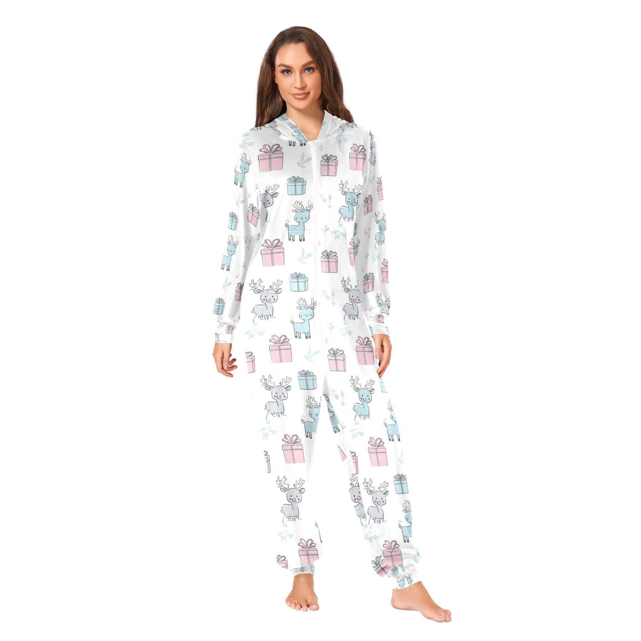 Adult Christmas Onesie Cute Reindeer Adult Zipper One-Piece Pajamas Unisex Pajamas with Pockets