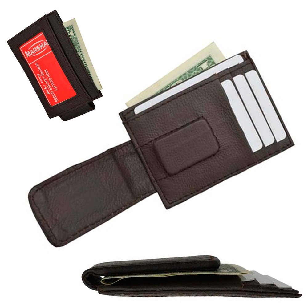AllTopBargains Mens Leather Money Clip Slim Front Pocket ID Credit Card Wallet Brown