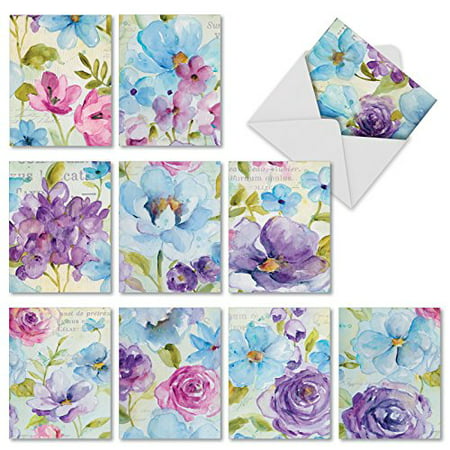 'M1708TY COOL BLOSSOMS' 10 Assorted Thank You Note Cards Feature Soft Watercolor Renderings of Flowers with Envelopes by The Best Card
