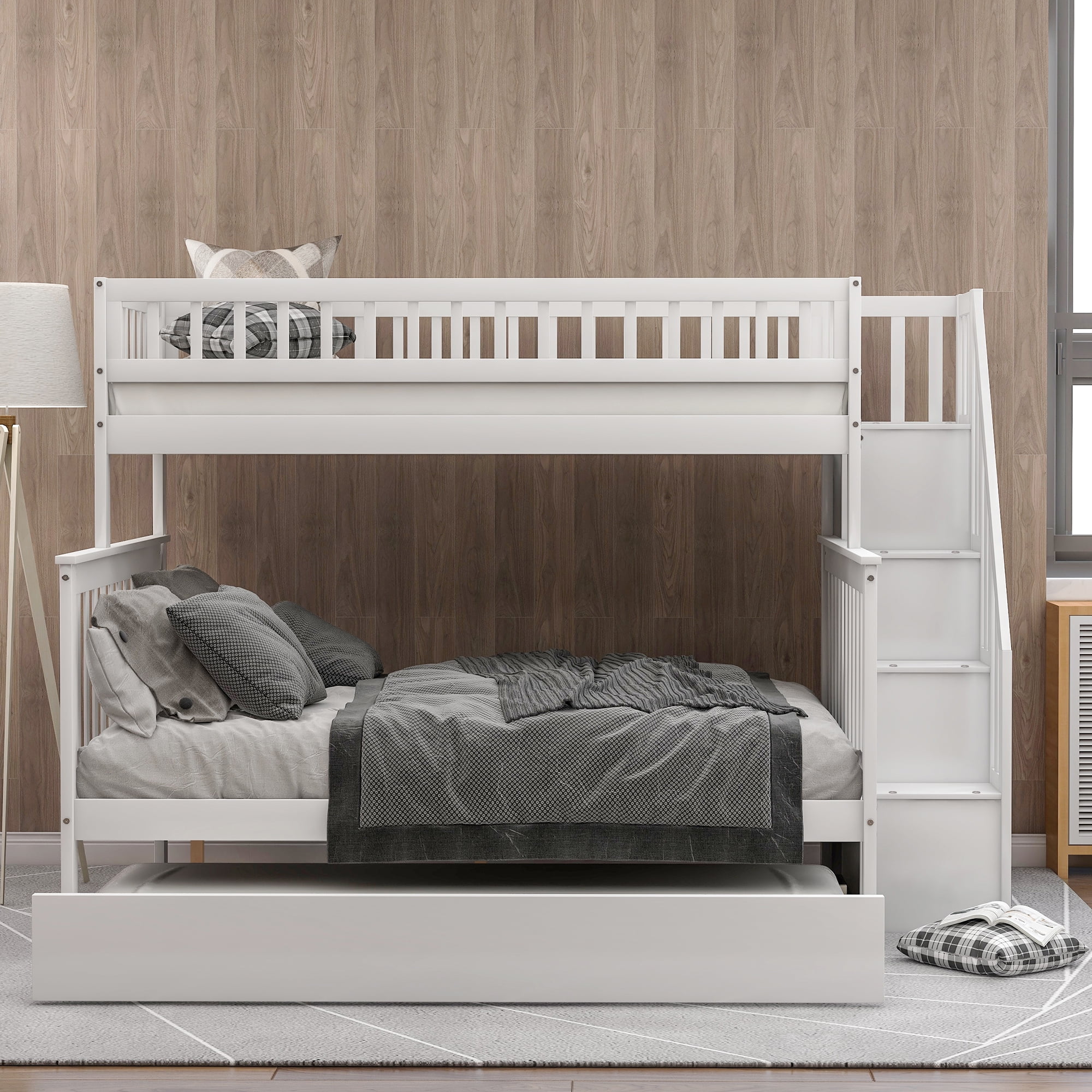 EUROCO Twin over Full Bunk Bed with Twin Trundle Bed and Storage Shelves for Kids, Three Beds with Storage for Kids Teens Adults, White