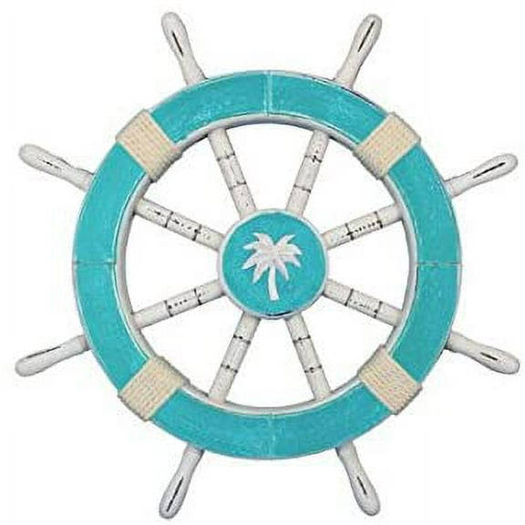 Nagina International Aquamarine Wooden Ship Wheels 18" w/Anchor, Palm Tree, Sailboat Motiff Center/Nautical Wall