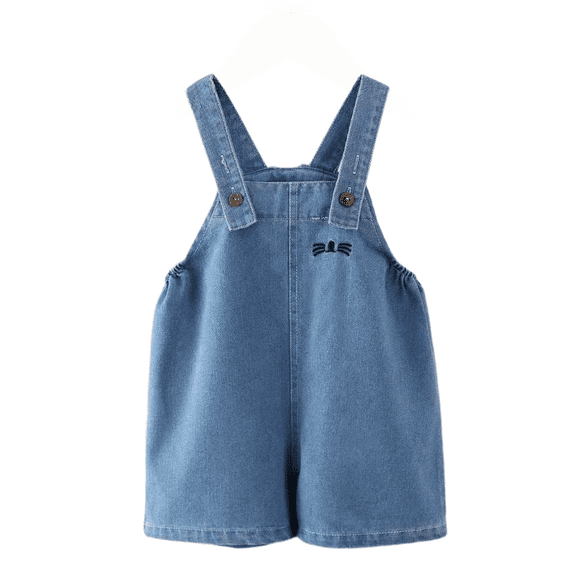 YunPes Toddler Baby Washed Denim Short Overalls Cat Embroidered Rompers with Adjustable Strap Loose Fit Wide Leg Shortalls for Unisex