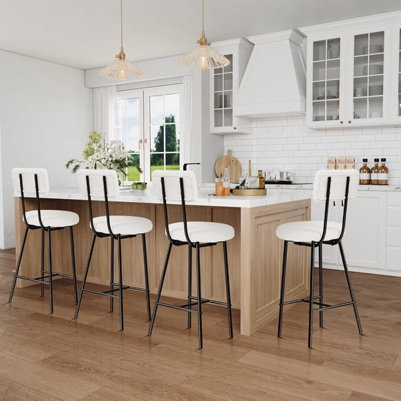 Bingirl Set of 4 Modern Upholstered Bar Stools - Counter - Height Bar Chairs with Round Seat, Back, and Footrest for Kitchen Island, Dining Room, Pub (White)