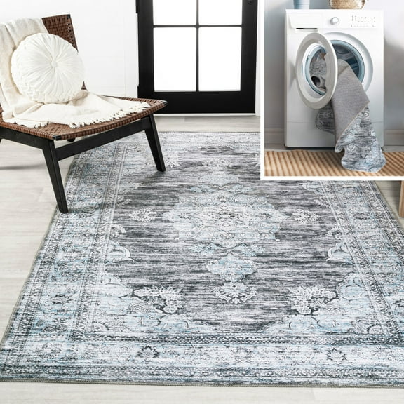 JONATHAN Y WASHABLE 4 x 6 Area Rug, Bausch Bohemian Distressed Chenille - Dark Gray/Blue, WSH201D-4