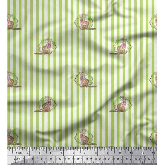 Soimoi Green Cotton Voile Fabric Cat & Wreath Stripe Decor Fabric Printed Yard 42 Inch Wide
