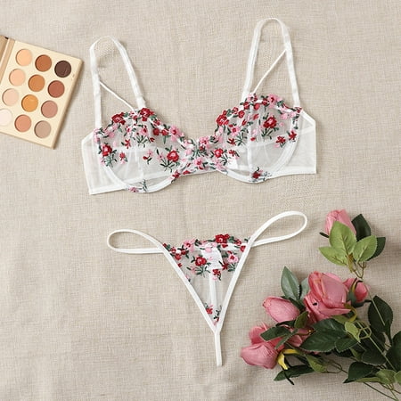 Sexy Lingerie for Women  See Through Lingerie  Women s Floral Embroidered Sheer Mesh Underwire Bra Lingerie Set  Valentine s Day Womens Lace Lingerie Babydoll Sheer Bra and Panty  Green and Pink(M)
